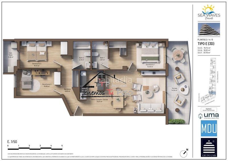 Foto baaeb097-2d5d-4db0-b5b5-7ccff8326974. Piso tipo 4e 3 dormitorios vista lateral mar en Puerto Benicarló