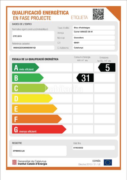 Certificado energético. Promoción ARAGO 39-41 en Granollers. Edificio viviendas de obra nueva